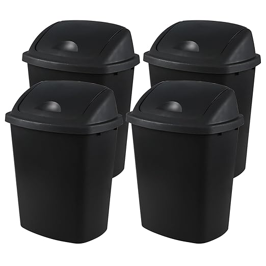 4 Pack Plastic Commercial Trash Can Wastebasket, Garbage Container Bin with Swing Top Lid, 6.6 Gallon/25 Liter