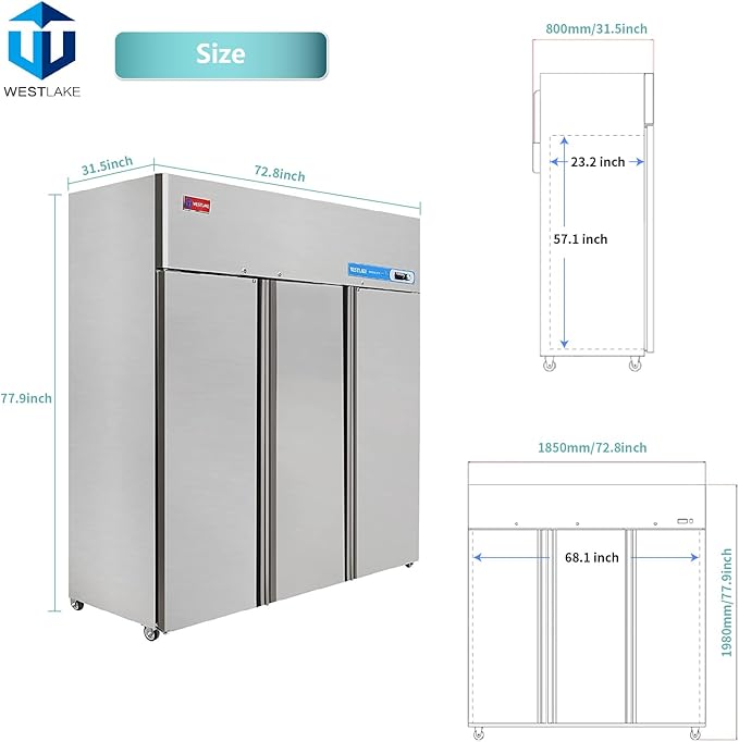 WESTLAKE 72" W Commercial Refrigerator 3 door 3 Section Stainless Steel Reach in Solid door Upright Fan Cooling 54 Cu.ft Cooler for Restuarant, Bar, Shop, etc