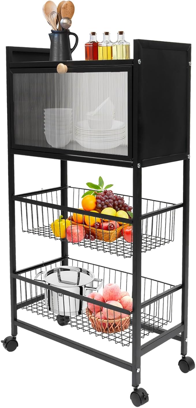 Bakers Rack for Kitchen with Storage, 4 Tier Kitchen Organizer Shelf for Vegetables, Fruits, Small Rice Cookers (Black)