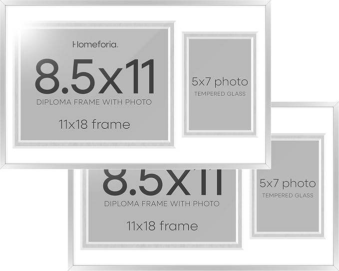 Homeforia 11x18 Silver Diploma Frame with Photo, High End Metal 11 x 18 Certificate Frame with Mat for 8.5x11 Diploma and 5x7 Picture, 18x11 Award Graduation Frames, Tempered Glass, Wall Kit, Set of 2