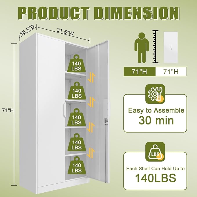 71" H Metal Garage Storage Cabinets with Adjustable Shelves,Steel Tall Cabinets with 2 Lockable Doors,Kitchen Pantry Cabinet,Metal Cabinet for Home/Office/Warehouse,White