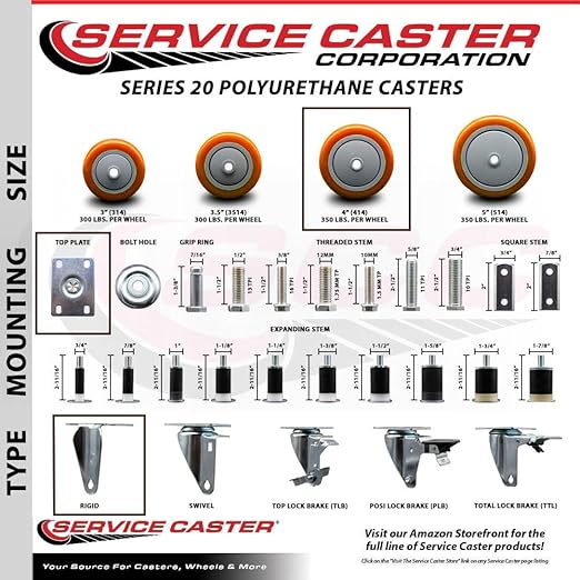 Service Caster Brand Replacement Caster for Uline Caster H-5539R-Rigid Top Plate Caster with 4 Inch Orange Polyurethane Wheel-Light Duty Replacement Caster-Fits Cart, Dollies and Poly Box Truck H-1956