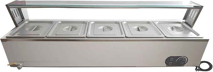 5-Pan Commercial Electric Food Warmer 60QT Stainless Steel Buffet Bain Marie with Tempered Glass Shield for Catering and Restaurants