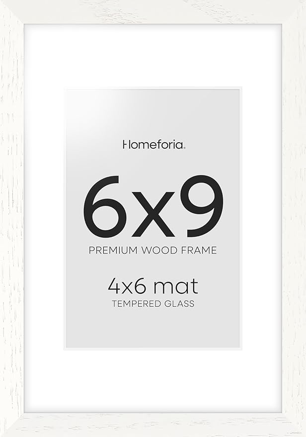 Homeforia 6x9 Picture Frame White, High End Oak 9x6 Wooden Frames with Mat 6x4 Print, 6 x 9 White Wood Frame Matted to 4 x 6 inch Photo, 6by9 Wall or Tabletop Frame, Tempered Glass, Wall Kit, Set of 1