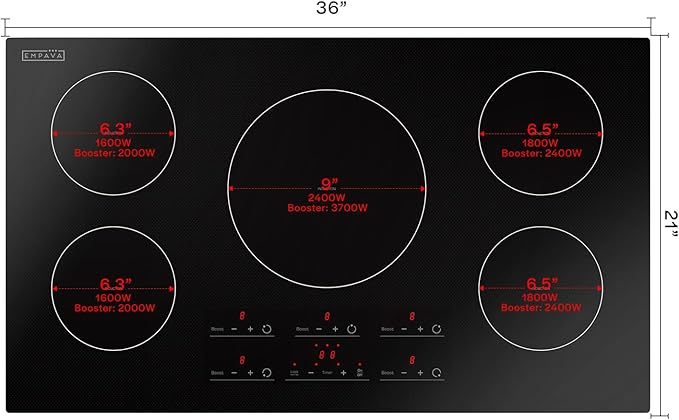 Empava 36 Inch Built-In Electric Induction Cooktop, 5 Zone Smooth Glass Surface, Touch Sensor Panel, Power Boost, Timer Control, Child Lock Feature, Hardwired Kitchen Appliance