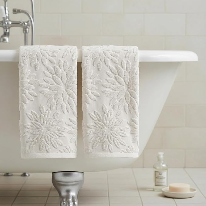 Artoid Mode 2 Pcs White 3D Dahlia Floral Jacquard Hand Towels - Image 4