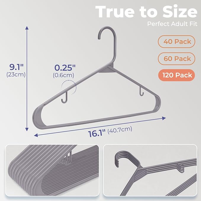 HOUSE DAY Grey Plastic Hangers 120 Pack, Slim Space-Saving Clothes Hangers | - Image 2