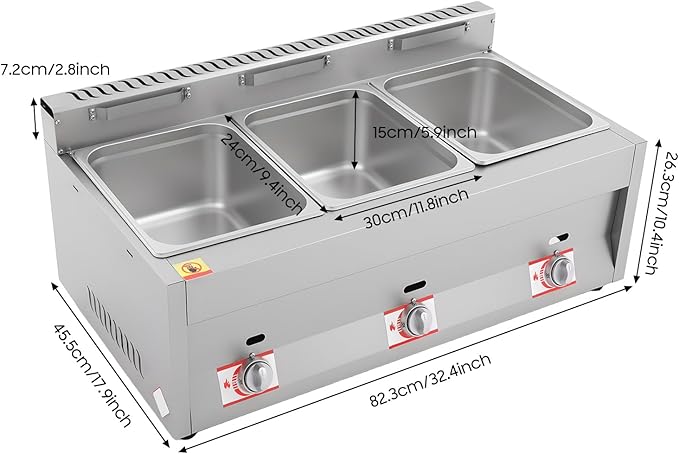 3 x 10L LPG Gas Deep Fryer, Commercial Stainless Steel Gas Food Warmer Countertop Electric Steamer Table with 3 Lids & 122-716℉ Adjustable Temperature for Home Kitchen Restaurant