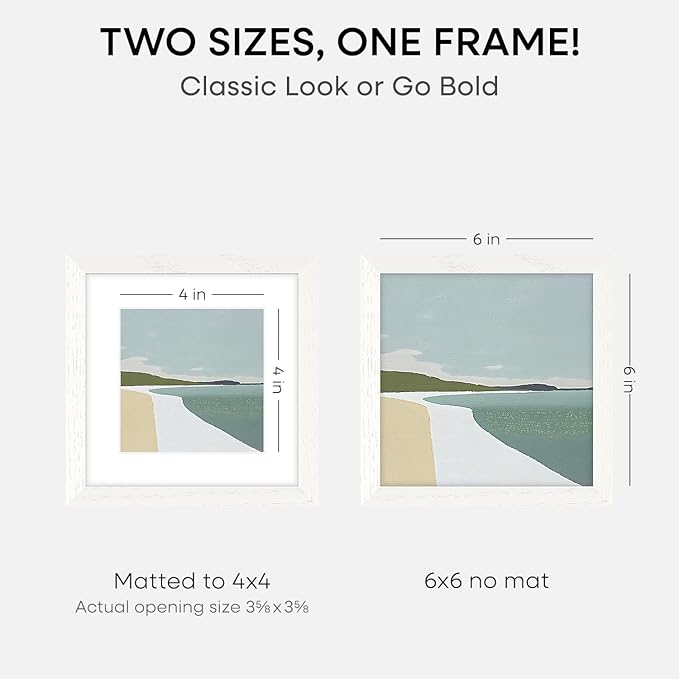 Homeforia 6x6 Picture Frames White, High-End Oak 6 x 6 Square Wood Frame with Mat 4 by 4 inch Photo, 6x6 Wooden Frame Matted to 4x4 Art, 6by6 Wall or Tabletop Frames, Tempered Glass, Wall Kit, Set of 1