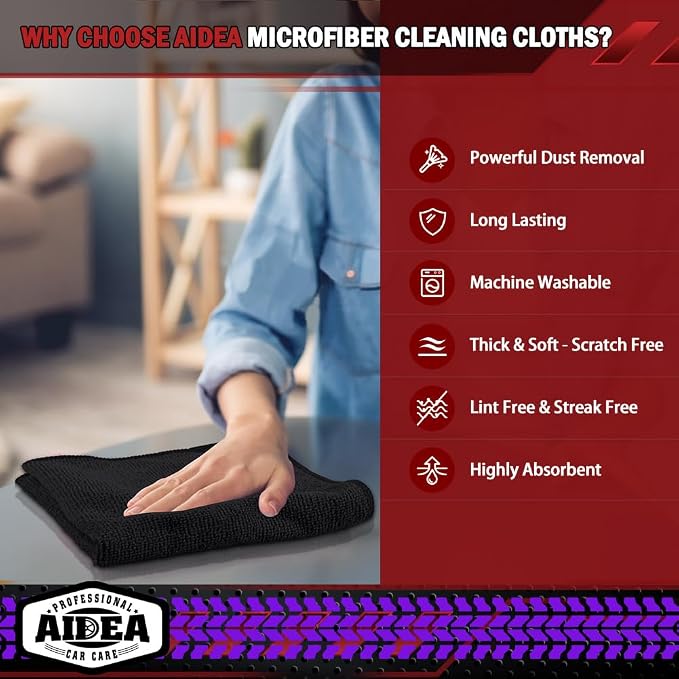 AIDEA Microfiber Cleaning Cloth Black, Microfiber Towels, 12×12" | Shop Towels - Image 3