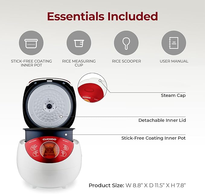 CUCKOO Micom Rice Cooker 3 Cup Uncooked / 6 Cup Cooked, Korean Fuzzy Logic Rice Cooker Small with Delay Timer & Keep Warm Setting, Versatile Food Steamer with Non-Stick Inner Pot, Red (CR-0351F)