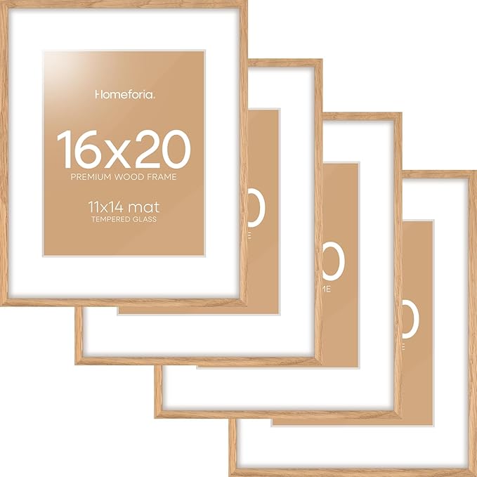 Homeforia 16x20 Wooden Frame, High End Natural Oak 16x20 Light Wood Picture Frame with Mat 11x14, 16 by 20 Poster Frames Matted to 11 x 14 Photo, 20by16 Thin Frames, Tempered Glass, Wall Kit, Set of 4
