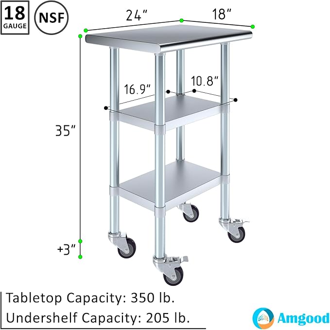 AmGood Stainless Steel Work Table with 2 Shelves and Casters | Metal Utility Table On Wheels (Stainless Steel Work Table with 2 Shelves + Casters, 24" Long x 18" Deep)