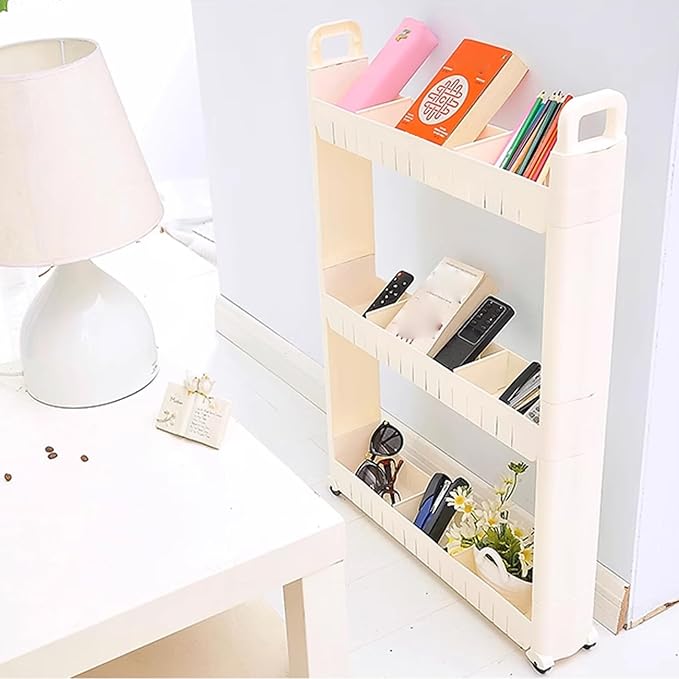 Utility Cart on Wheels 3 Tier Slim Storage Cart with Hooks & Partitions Plastic Narrow Shelf with Handles for Kitchen Bathroom Office Laundry, 29x18x4 Inch Slim Storage