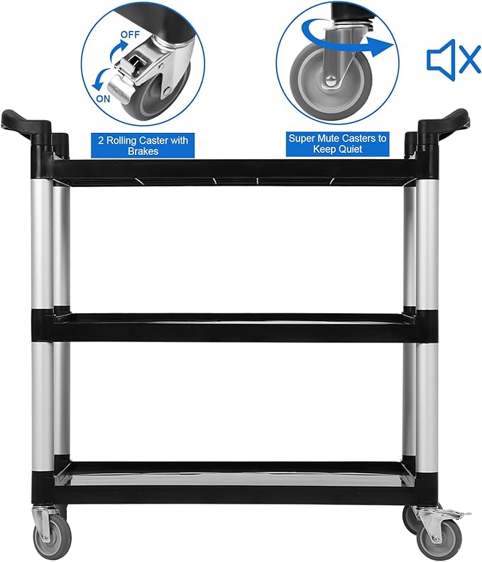 3-Shelf Rolling Utility Push Cart on Wheels, 500 LBS Capacity Heavy Duty Black Steel Organizer, Service Cart Push Cart for Restaurant, Bathroom, Catering Service & Business Tools Cleaning