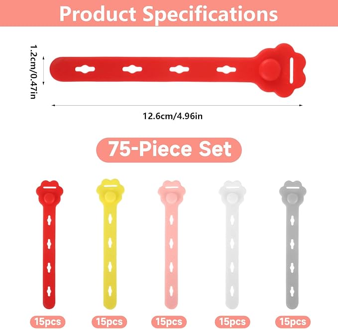 75 Pcs Silicone Cable Ties, Reusable Cable Straps Wire Organizer. | Cable - Image 2