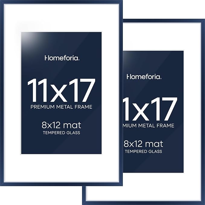 Homeforia 11x17 Picture Frame Navy Blue, High End Metal 11x17 Poster Frames with Mat 8x12 Photo, 11 x 17 Navy Blue Frames Matted to 8 by 12 Print, 17x11 Thin Frames, Tempered Glass, Wall Kit, Set of 2