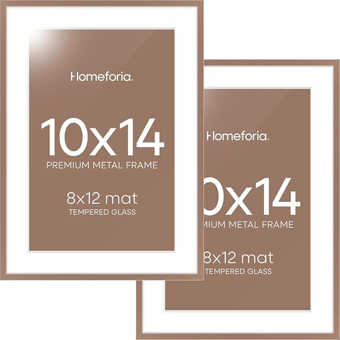 Homeforia 10x14 Picture Frame Mocha, High End Metal 10x14 Poster Frames with Mat for 8x12, 10 x 14 Mocha Frame Matted to 8 x 12 inch Photo, 10by14 Thin Hanging Frames, Tempered Glass, Wall Kit, Set of 2