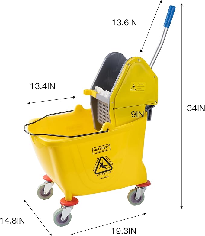 MATTHEW CLEANING 34Quarts Commercial Mop Bucket INCL.Wet String Mop with Down Press Wringer On Wheels,Industrial Heavy-Duty Floor Cleaning w/Handle, Mop Bucket for Home,Offices,Commercial, Restaurants