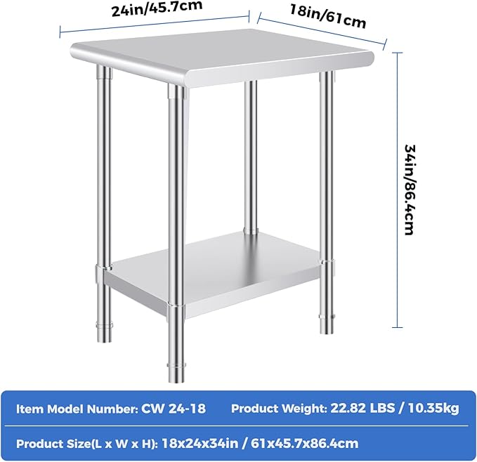 OSTBA Stainless Steel Table for Prep & Work 24x18 Inches, NSF Metal Commercial Heavy Duty Table with Adjustable Undershelf and Adjustable Foot for Restaurant Kitchen Home and Hotel