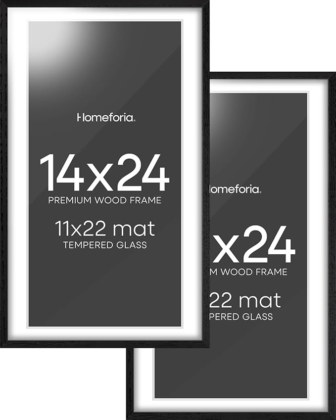 Homeforia 14x24 Picture Frame Black Wood, High End Oak 14x24 Poster Frames with Mat 11x22 Photo, 14 x 24 Wooden Frame Matted to 11 by 22 Print, 24x14 Hanging Frames, Tempered Glass, Wall Kit, Set of 2