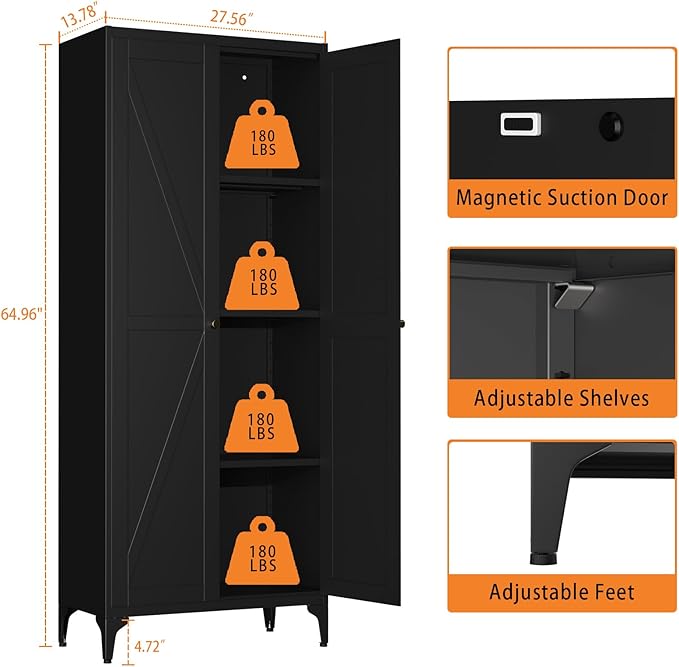 Tall Pantry Cabinet, 65" Kitchen Cupboard with Doors and Adjustable Shelves, Food Pantry Cabinets, Metal Hutch Cabinet with Storage for Kitchen, Living Room, Dining Room, Black