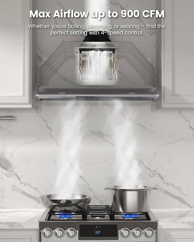 JOCO 30 Inch Range Hood Insert, 900 CFM Stainless Steel Built-In Kitchen Vent Hood, Convertible for Ducted or Ductless Installation, 4-Speed Gesture/Touch/Remote Control, Model B02-30G