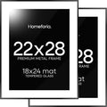 Homeforia 22x28 Poster Frame Black, High End Metal 22 x 28 Large Picture Frames with Mat 18 x 24 for Photo, 22x28 Thin Frame Matted to 18x24 inch Print, 28x22 Frame, Tempered Glass, Wall Kit, Set of 2