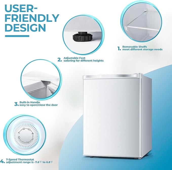 2.1 Cu.ft Small Freezer, Mini Upright Freezer with 7 Adjustable Thermostat, Removable Shelves, Reversible Single Door, for Bedroom/Home/Dorms/Apartment (White)