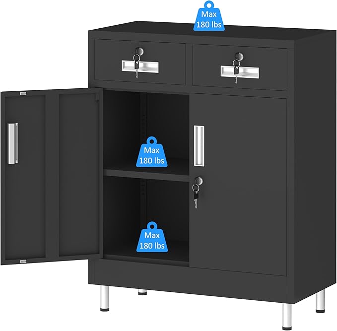 Metal Storage Cabinet with Locking Doors and 2 Drawers, Lockable Storage Cabinet with Adjustable Shelf for Home Office Garage Entryway Pantry (Black)