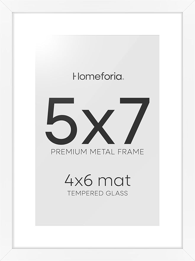 Homeforia 5x7 Picture Frame White, High End Metal 5 x 7 White Frames with Mat 4 x 6 for Art, 5x7 Desk Frame Matted to 4x6 inch Photo, 5 by 7 Wall or Tabletop Frames, Tempered Glass, Wall Kit, Set of 1