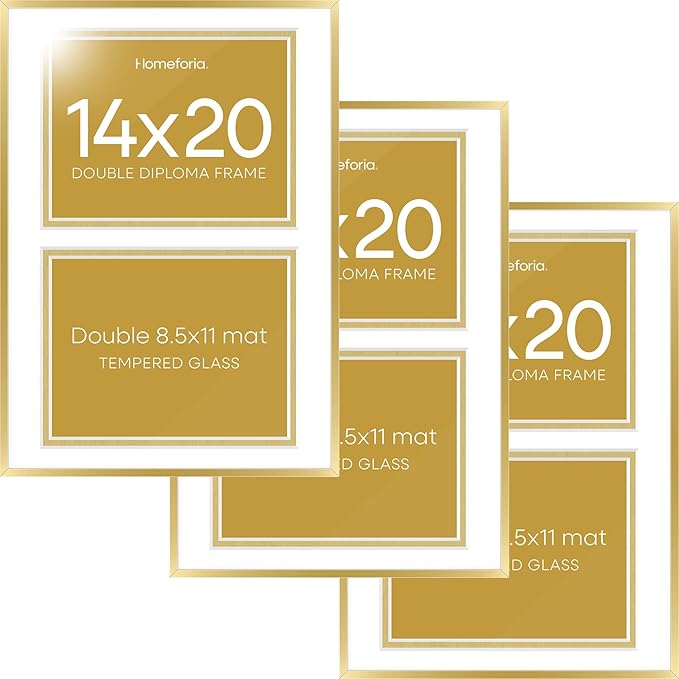 Homeforia 14x20 Double Diploma Frame Gold, High End Metal 14 x 20 Certificate Frames with Mat for Two 8.5x11 inch Diplomas, 20x14 Dual Award Graduation Matted Frame, Tempered Glass, Wall Kit, Set of 3