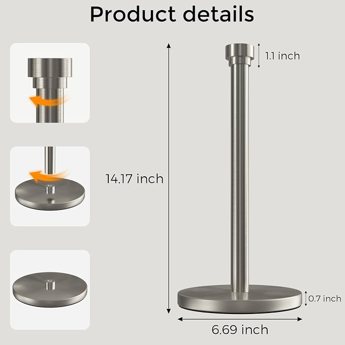 Brushed Nickel Paper Towel Holder Countertop, Freestanding Paper Towel Stand - Image 8