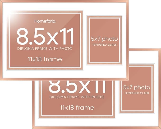 Homeforia 11x18 Diploma Frame with Photo, High End Metal 11 x 18 Rose Gold Certificate Frame with Mat for 8.5x11 Diploma and 5x7 Picture, 11by18 Award Degree Frames, Tempered Glass, Wall Kit, Set of 2