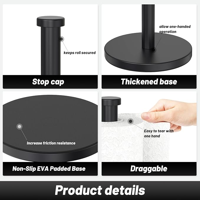 VEHHE Black Paper Towel Holder Countertop, EVA Weighted Non-Slip Base - Image 4