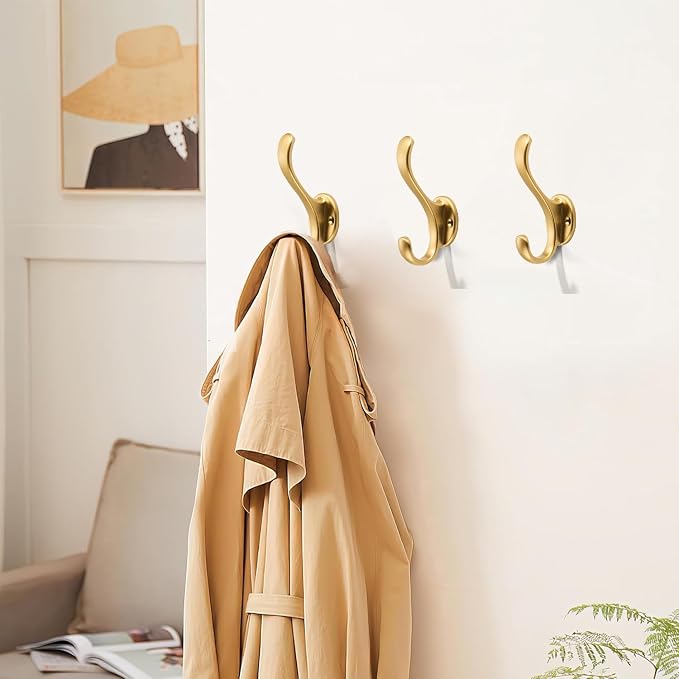 10 Pack Brushed Gold Coat Hooks Wall Mount Heavy Duty Utility Retro Double Hooks - Image 3