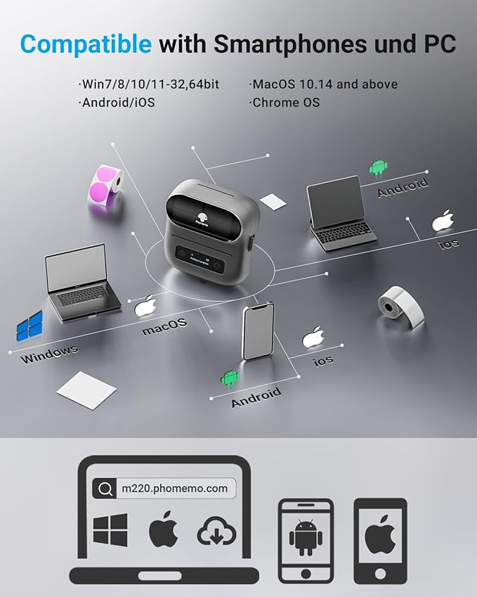 Phomemo Label Printer, M220 Thermal Bluetooth Barcode Label Maker, for Home, Office, School, Compatible with Phone & Laptop