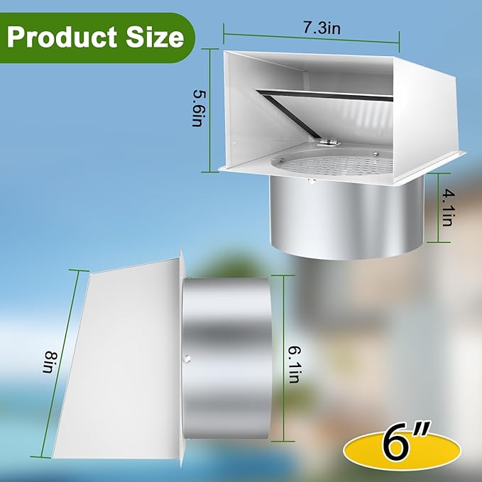 6 Inch Hooded Wall Vent Cover, Dryer Wall Vent Cover Outside with Screen & Damper, Wall Exhaust Vent Cover, Outdoor Air Vent Cap for Range Hoods/Kitchen/Bathroom/Laundry/Basements/Garages, White