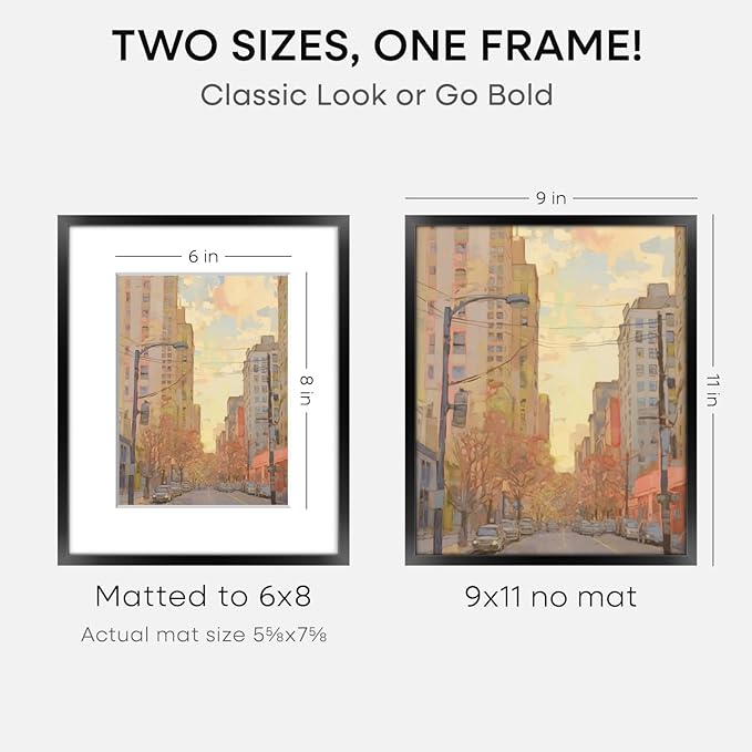 Homeforia 9x11 Picture Frame Black, High End Metal 9 x 11 Poster Frames with Mat 6 by 8 inch Photo, 9by11 Frame Matted to 6x8 in Print, 11x9 Wall or Tabletop Frames, Tempered Glass, Wall Kit, Set of 1