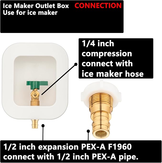(1 Pack) Lidertik 1/2 inch Expansion PEX-A Pre-Assembled Ice Maker Outlet Box Valve 1/4 inch Recessed Refrigerator Water Line Wall Box with Shut Off Valve LI-ZBQH-530-LK