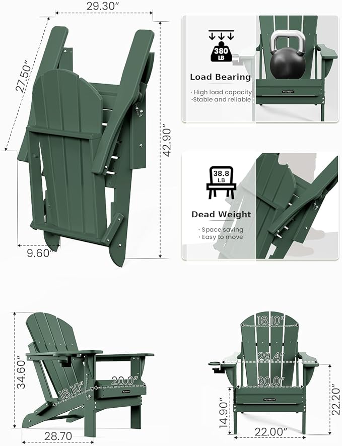 MUCHENGHY Folding Adirondack Chairs Set of 2, Patio Chairs, Lawn Chairs, Outdoor Chairs, Adirondack Chair Plastic, Fire Pit Chairs, Weather Resistant with Cup Holder for Deck, Backyard, Garden(Green)