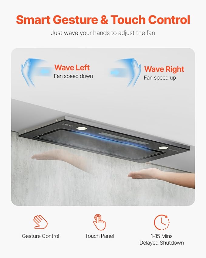 VEVOR Range Hood Insert, 30 Inch Built-in Kitchen Vent Hood, 800CFM Stainless Steel Stove Hood with Gesture & Touch Control, LED Light, Baffle Filters, 4-Speed Exhaust Fan, Ducted/Ductless Convertible