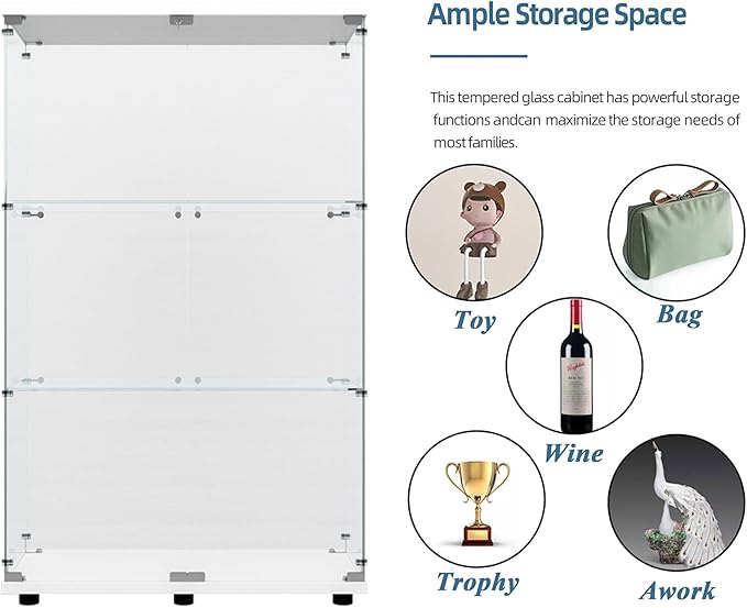 Glass Display Cabinet with LED, 3 Shelves with 2 Doors, Curio Storage Cabinets with Lock for Living Room, Office, Floor Standing Glass Bookshelf, Quick Installation - White