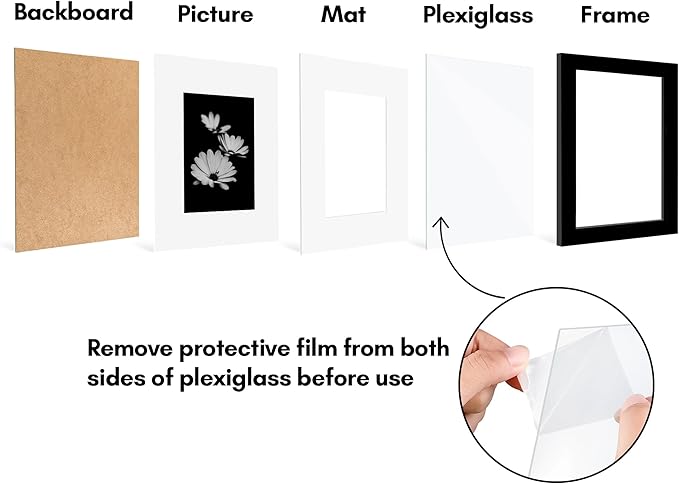 Americanflat 7x8 Picture Frame with Polished Plexiglass - Set of 5 - Use as 4x5 Frame with Mat or Display 7x8 Photo Without Mat - Galleria Collection - Picture Frames for Tabletop and Wall - Black