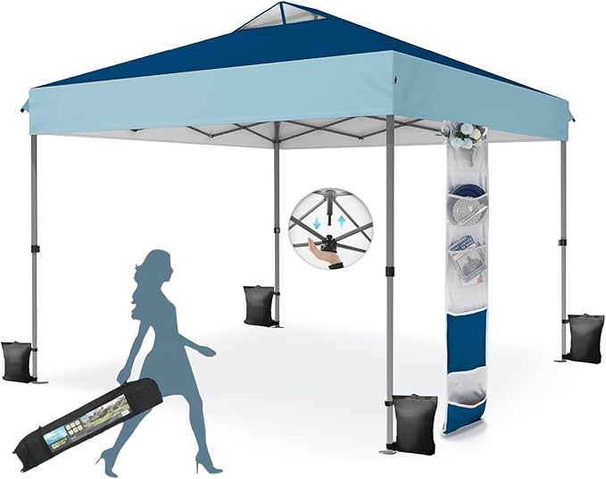 MFSTUDIO 10x10 Pop up Canopy Tent, Gazebo Shelter Sun Shade Canopies One Push Setup Portable Popup Easy Set up Tents with Vented Top,Storage,4 Sandbags,for Beach,Parties,Camping
