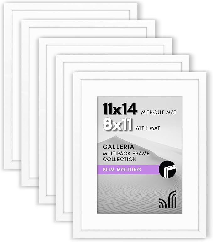 Americanflat 11x14 Picture Frame with Polished Plexiglass - Set of 5 - Use as 8x11 Frame with Mat or Display 11x14 Photo Without Mat - Galleria Collection - Picture Frames for Wall Display - White