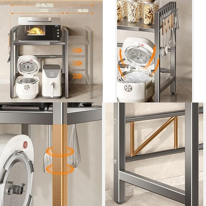 2-Tier Extendable Microwave Oven Rack with 8 Hooks, Adjustable Microwave/Toaster Shelf, Microwave Stand with Storage, Retractable Kitchen Countertop, for Kitchen Shelves Counter Top Organizer