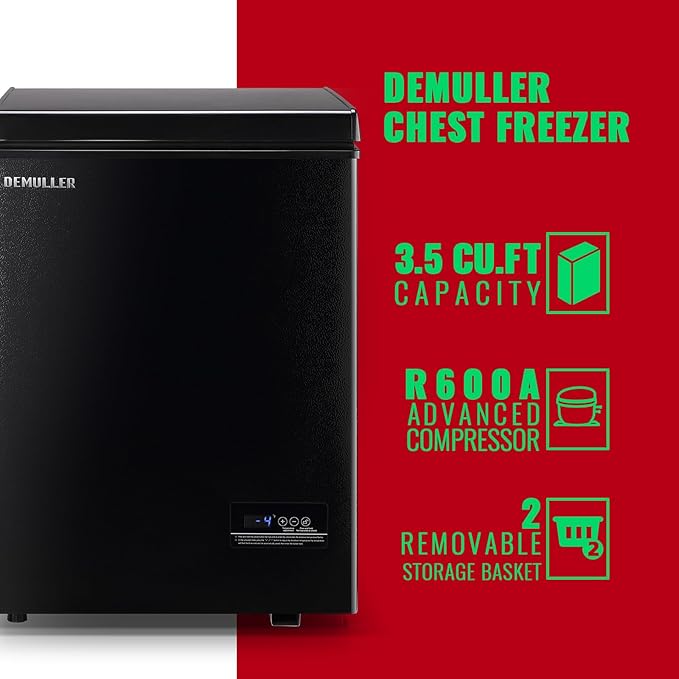 Deep Freezer Chest 3.5 Cubic Feet Freezers with Temperature Display Panel Mini Freezer with Removable Basket Suitable for Apartment Garage Dorm BLACK