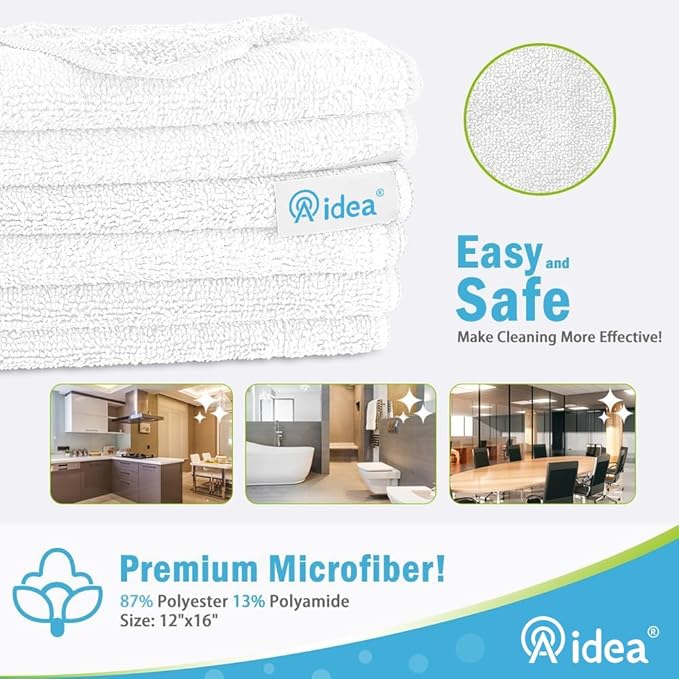 AIDEA White Microfiber Cleaning Cloth-8PK, Cleaning Rags 12"x 16" Reusable | - Image 2