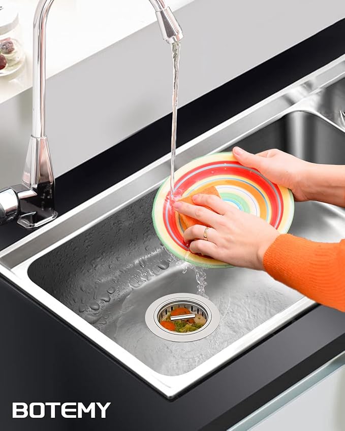 BOTEMY B9171 Kitchen Sink Drain 3 1/2 Inch Kitchen Sink Drain Strainer Assmebly Kit Stainless Steel Sink Strainer Basket/Drain Stopper for 3.5'' Standard American Drain Hole (Polished)